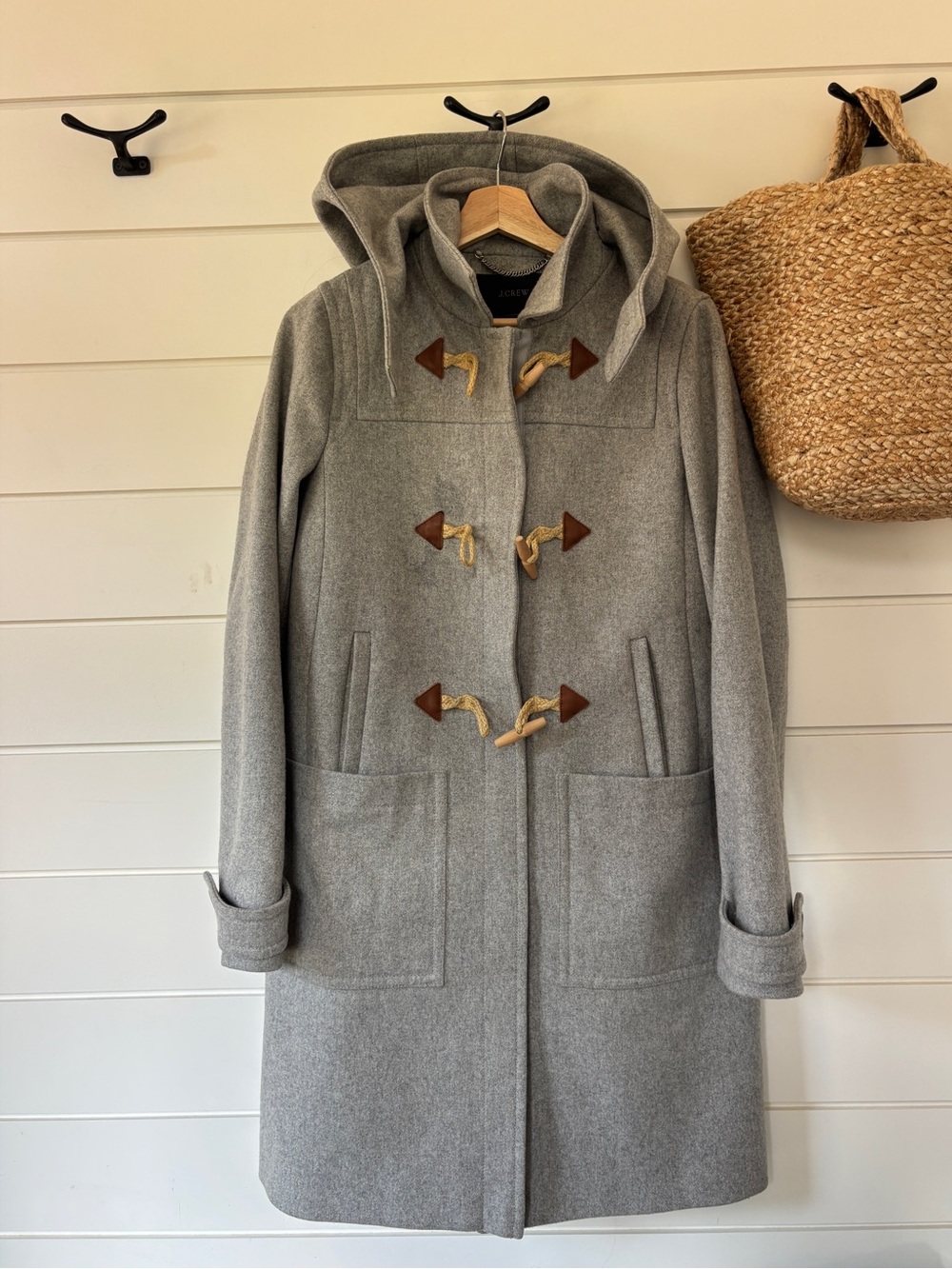 ✨ J. Crew Gray Italian Melton Wool Toggle Duffle Coat, Manifattura di Carmignano